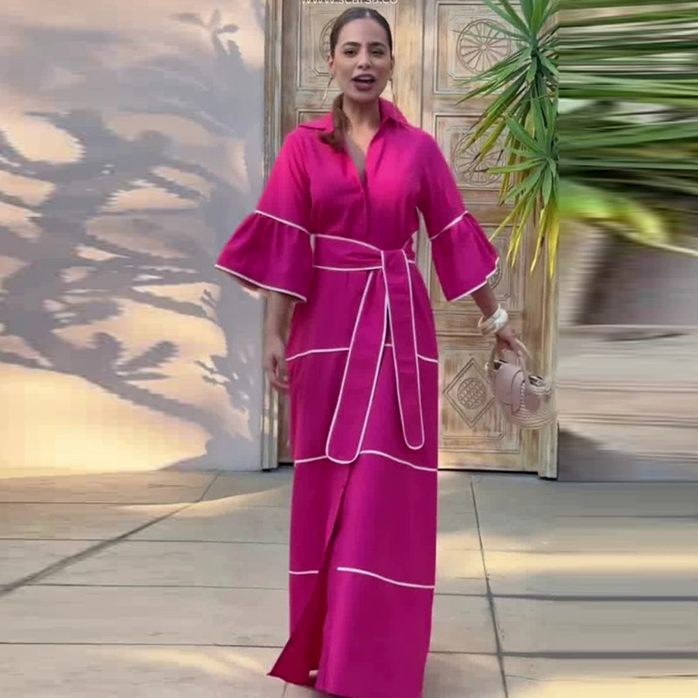 Forever 21 Belted Rose Red Elegant Three Quarter Sleeve Maxi Dress